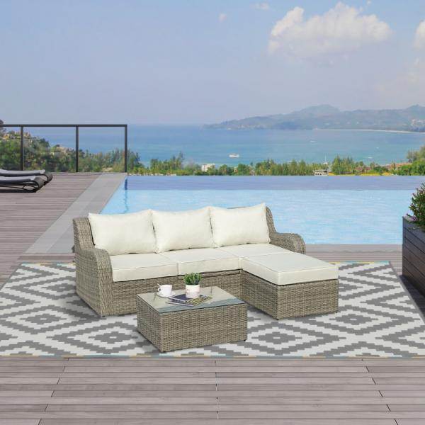 3-tlg. Polyrattan Set Gartengarnitur Sitzgruppe Loungemöbel mit Beistelltisch Kissen Hellgrau+Beige - Palo24