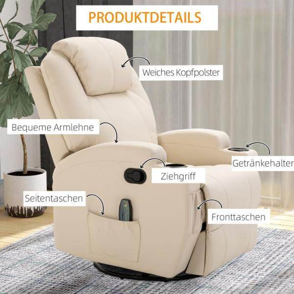 Massagesessel Elektrisch 5 Massage-Modi Liegefunktion Schaumstoff Cremeweiss - Palo24