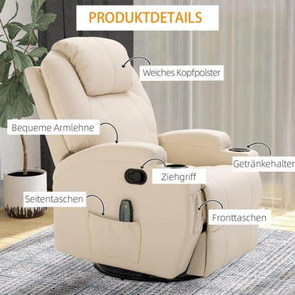 Massagesessel Elektrisch 5 Massage-Modi Liegefunktion Schaumstoff Cremeweiss - Palo24