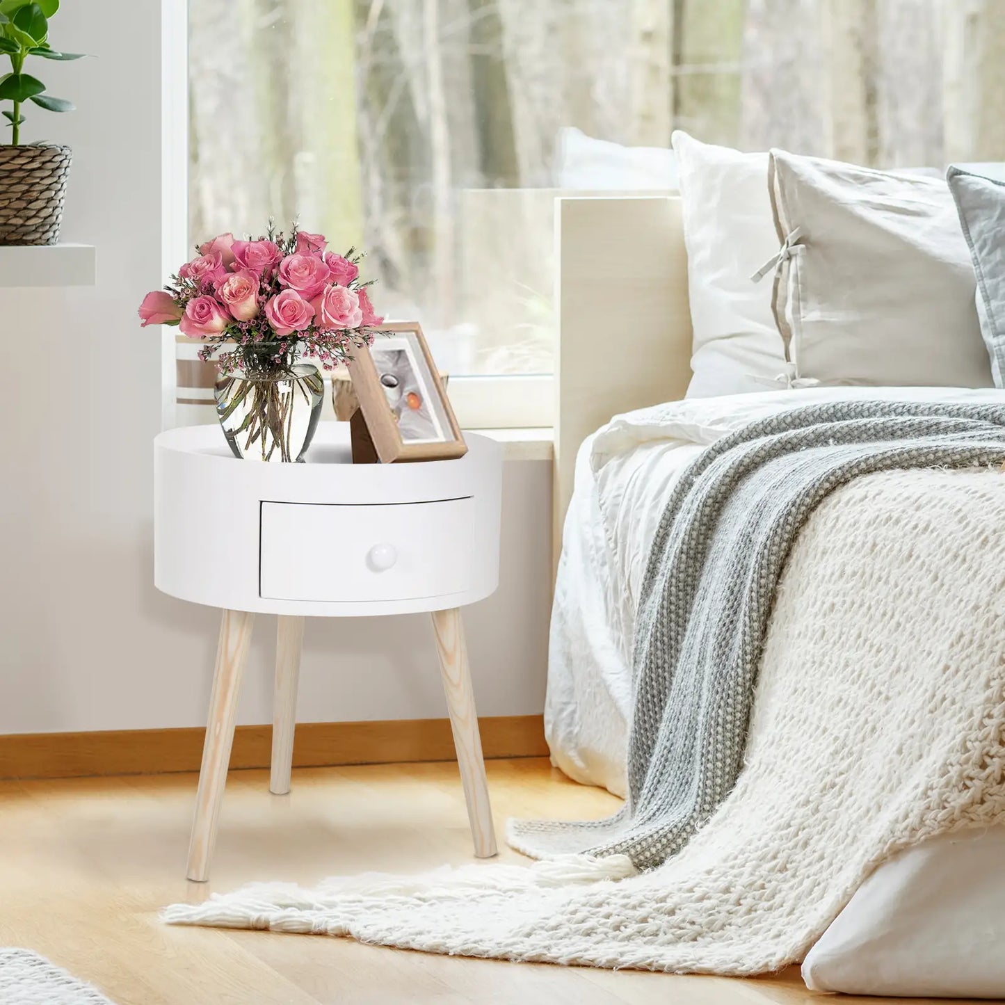 Couchtisch rund Beistelltisch mit Schublade Holz Weiss