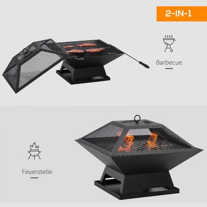 Feuerschale mit Funkenschutz Grillrost Schürhaken Feuerkorb Stahl Schwarz - Palo24