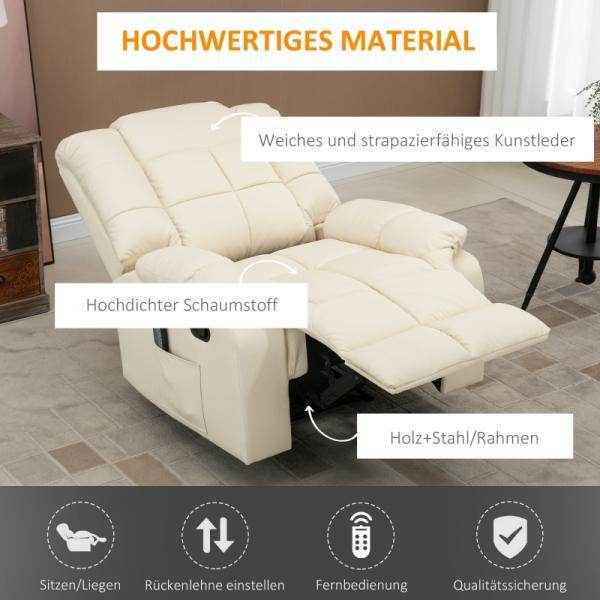 Massagesessel, Relaxsessel, 8 Vibrationspunkte, Liegefunktion, Kunstleder, cremeweiss - Palo24