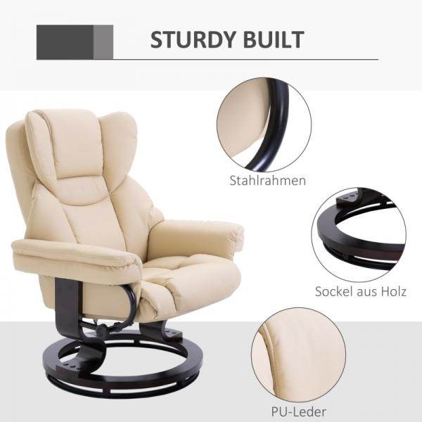 Relaxsessel mit Hocker, Liegefunktion, drehbar, bis 160 kg, Kunstleder creme - Palo24
