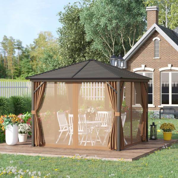 Gartenpavillon 4 x Doppel-Seitenwänden Laternenhaken Alu + Polyester Bronze+Hellbraun ca. 3 x 3 x 2,5 m - Palo24