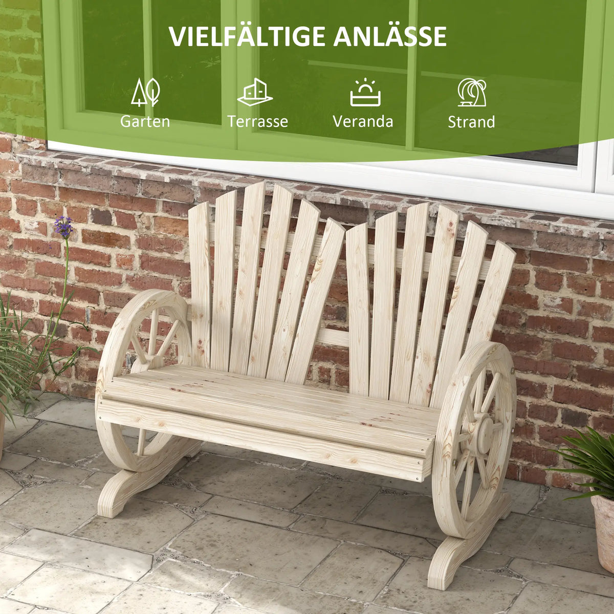 Gartenbank, Wagenrad-Design, für 2 Personen, Naturholz - Palo24