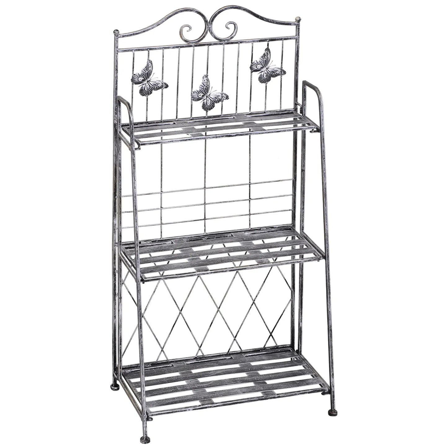Étagère à plantes et à fleurs 3 x niveaux en métal pliable gris argenté