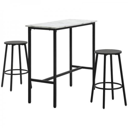 Bar-Set für 2 Personen, 1 Tisch mit 2 Barhockern, Tischplatte in Weisser Marmoroptik, Stahlrahmen - Palo24