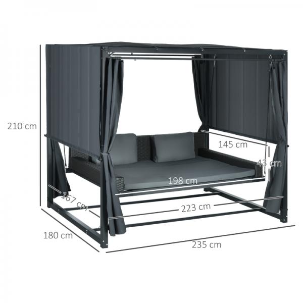 Outdoor-Schaukelbett aus PE-Rattan mit Baldachin, inkl. Kissen, wetterbeständig, Grau - Palo24