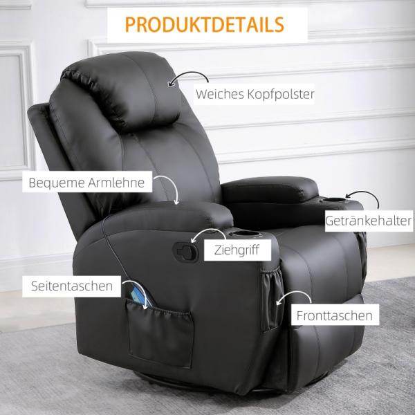 Massagesessel Elektrisch Massagefunktion 5 Massage-Modi Liegefunktion Schwarz - Palo24
