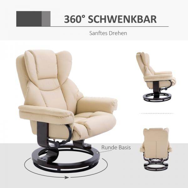 Relaxsessel mit Hocker, Liegefunktion, drehbar, bis 160 kg, Kunstleder creme - Palo24
