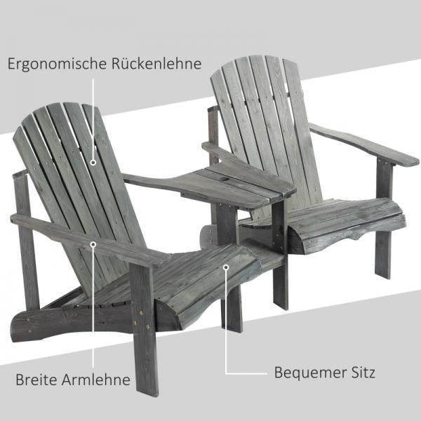 Adirondack Gartenstuhl mit Tisch und Schirmloch 2 Sitzer Gartensessel Sitzgruppe Massivholz Grau - Palo24