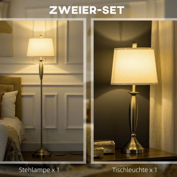 2-teiliges Leuchten-Set. 1 Stehleuchte, 1 Tischleuchten, Leinenoptik Silber + Weiss - Palo24