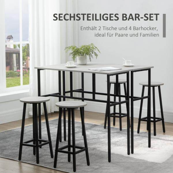 Bartisch-Set im Industriedesign, 6-teilig, 2 Tische und 4 Barhocker, Grau + Schwarz - Palo24