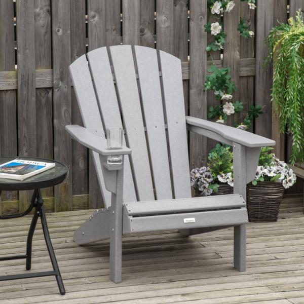 Adirondack Gartenstuhl mit Getränkehalter Gartensessel Gartenmöbel Balkonstuhl Grau Kunststoff - Palo24