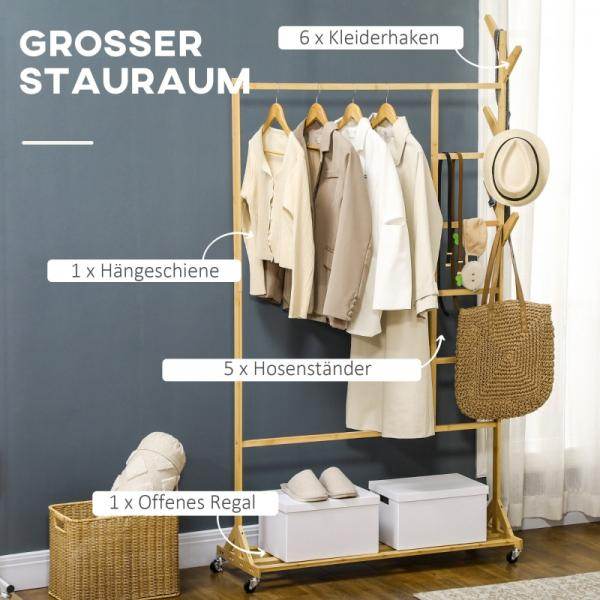 Garderobe aus Bambus, Kleiderhaken, Kleiderstange, Hosenständer, 1 Ablage, 4 Rollen, Natur - Palo24