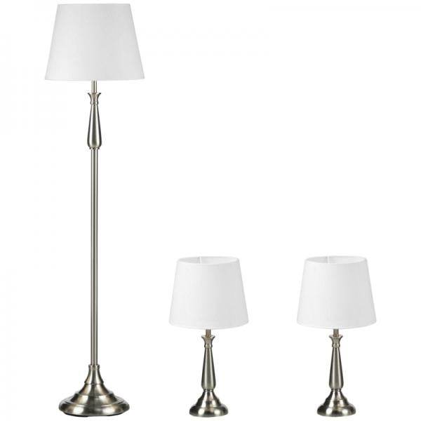 3-teiliges Lampenset im Vintage-Design, 2 Tischleuchten, 1 Stehleuchte Silber + Weiss - Palo24