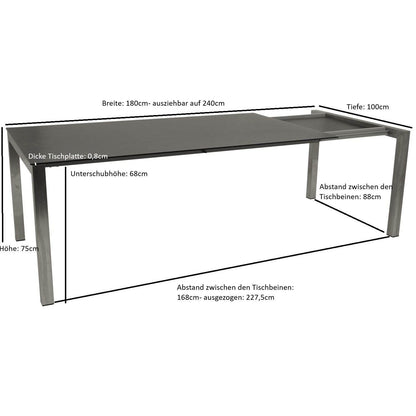 Ausziehtisch SYDNEY 180/240x100cm, Edelstahl gebürstet + Glas in 3D Keramik anthrazit - Palo24