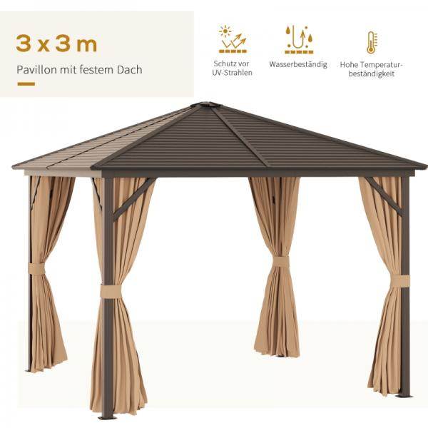 Gartenpavillon 4 x Doppel-Seitenwänden Laternenhaken Alu + Polyester Bronze+Hellbraun ca. 3 x 3 x 2,5 m - Palo24
