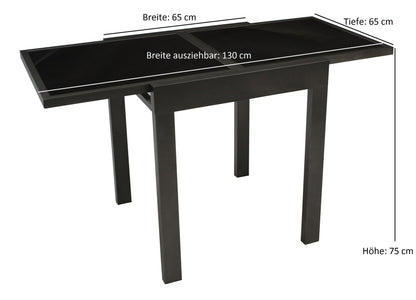 Balkon-Ausziehtisch TORINO 65/130x65cm, Aluminium anthrazit + Glas schwarz