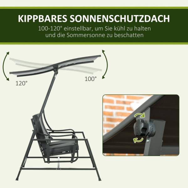 Hollywoodschaukel, neigbares Dach, Sitz- und Rückenkissen, Stahlrahmen, dunkelgrau - Palo24