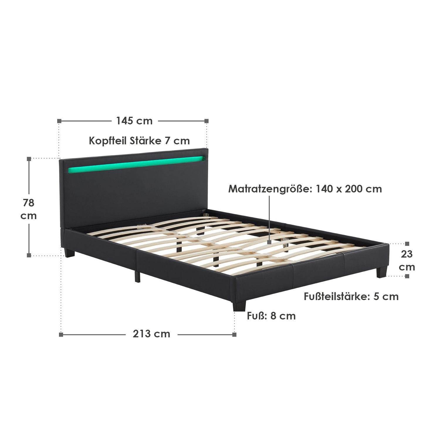 LED Polsterbett Paris 140 x 200 cm Lattenrost schwarz - Palo24