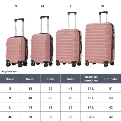 Set de valises rigides Rome - Set rose 4 pièces avec coque rigide en ABS résistant aux chocs et roues 360°
