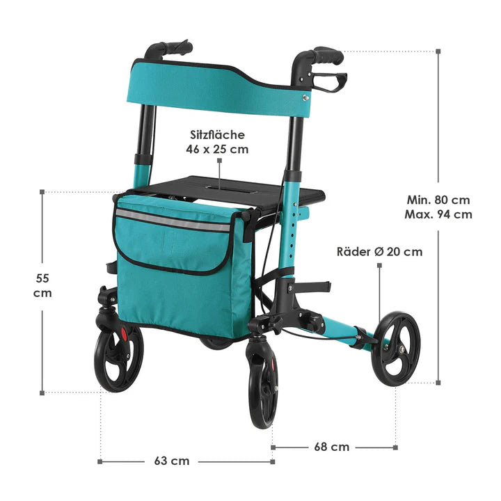Aluminium Rollator Vital klappbar mit Sitzfläche & Einkaufstasche in petrol