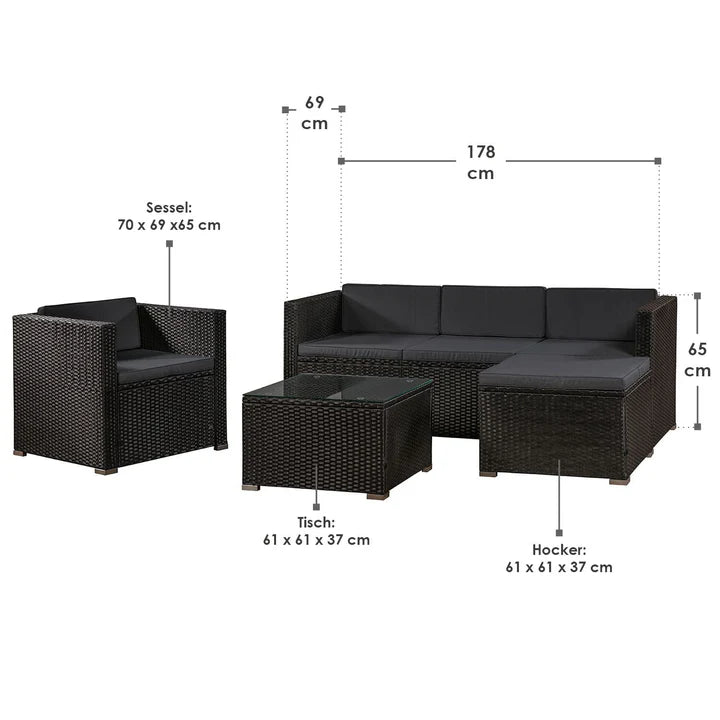 Salon / salon en polyrotin Punta Cana L noir avec housses gris foncé