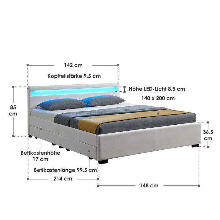 LED Polsterbett Lyon mit Bettkasten 140 x 200 cm - weiss