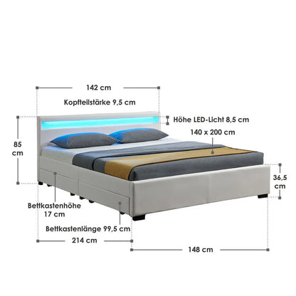 LED Polsterbett Lyon mit Bettkasten 140 x 200 cm - weiss