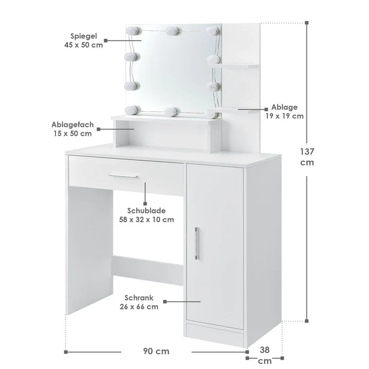 Coiffeuse blanche Zoey avec miroir, tiroir et placard