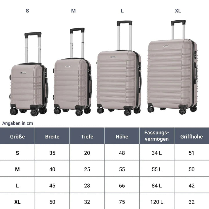 Set de valises rigides Rome - Champagne Set de 4 pièces avec coque rigide en ABS résistant aux chocs et roues 360°