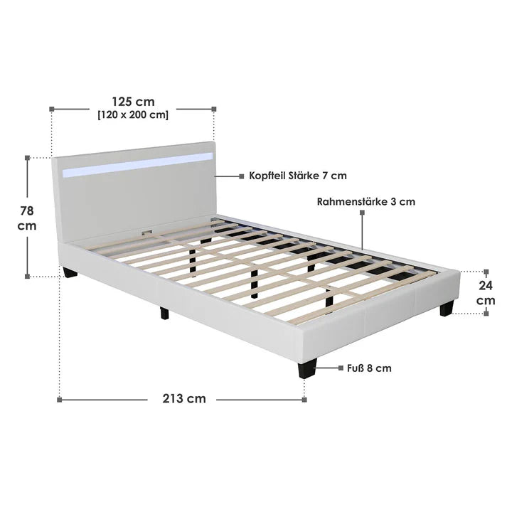 Polsterbett Verona 120 x 200 cm mit LED Beleuchtung in weiss