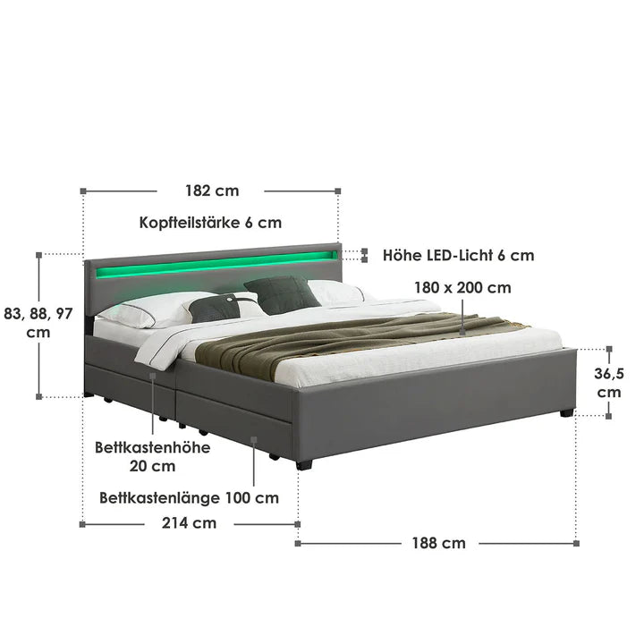 LED Polsterbett Lyon mit Bettkasten 180 x 200 cm - dunkelgrau