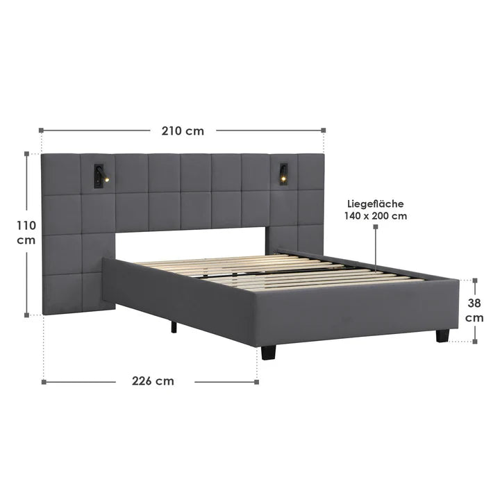 Polsterbett 140x200 cm Luzano - LED Lattenrost & Kopfteil - Samt Schwarz - Palo24
