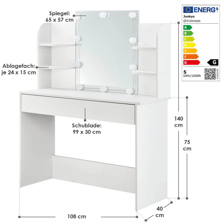 Toletta Bella con illuminazione a LED, specchio, cassetto e scomparti | bianco