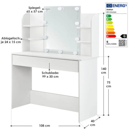 Toletta Bella con illuminazione a LED, specchio, cassetto e scomparti | bianco
