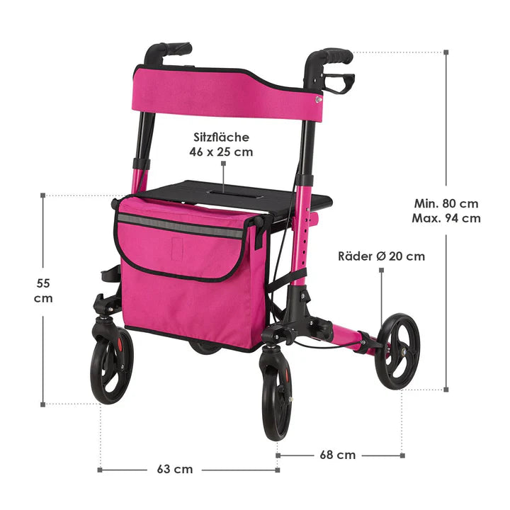 Rollator in alluminio Vital pieghevole con seduta e borsa per la spesa in viola