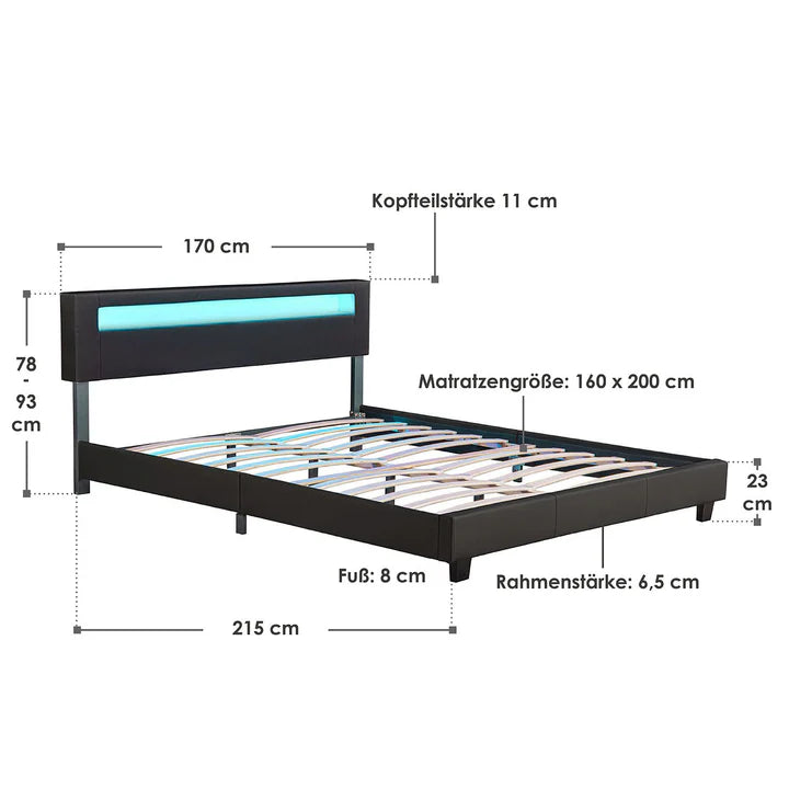 LED Polsterbett Paris mit Lattenrost 160x200 cm - schwarz