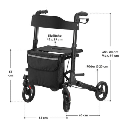 Aluminium Rollator Vital klappbar mit Sitzfläche & Einkaufstasche in schwarz