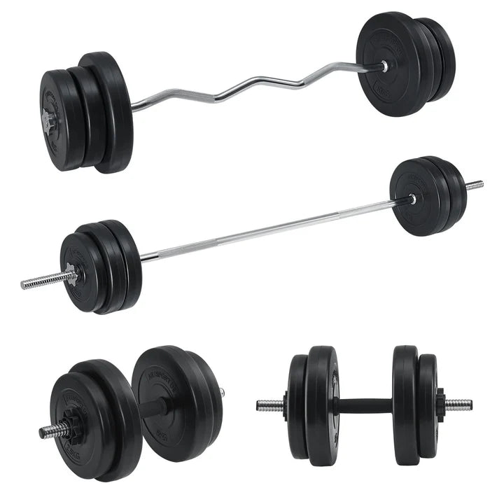 Ensemble d'haltères 3 en 1 (haltère, haltère long et haltère curl) avec un total de plaques de poids de 60 kg