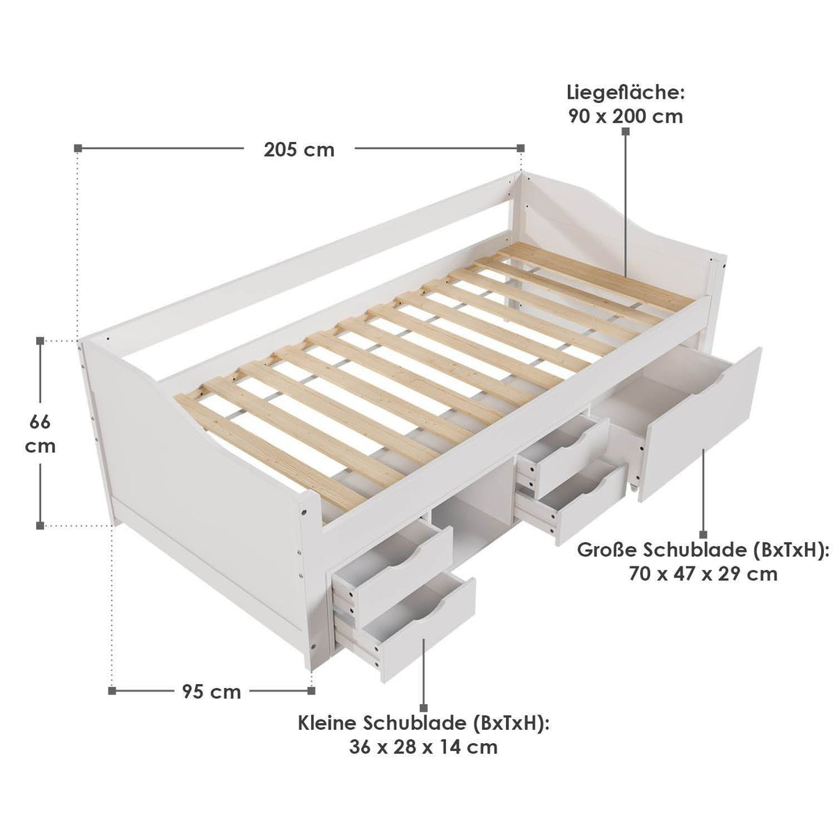 Funktionsbett Nalu 90x200 cm mit Lattenrost & Stauraum - Weiss - Palo24