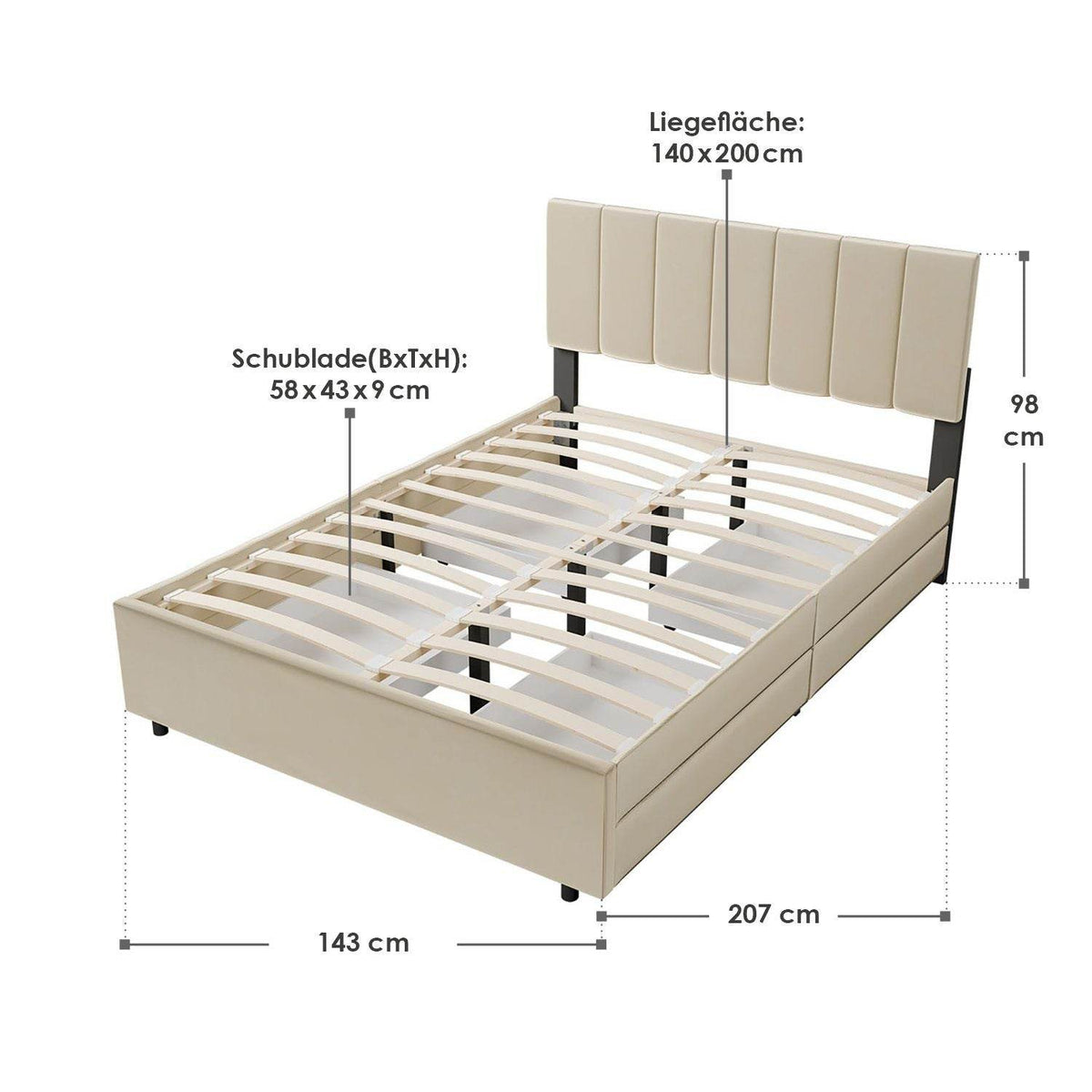 Polsterbett Soria mit Schubladen 140 x 200 Beige - Palo24