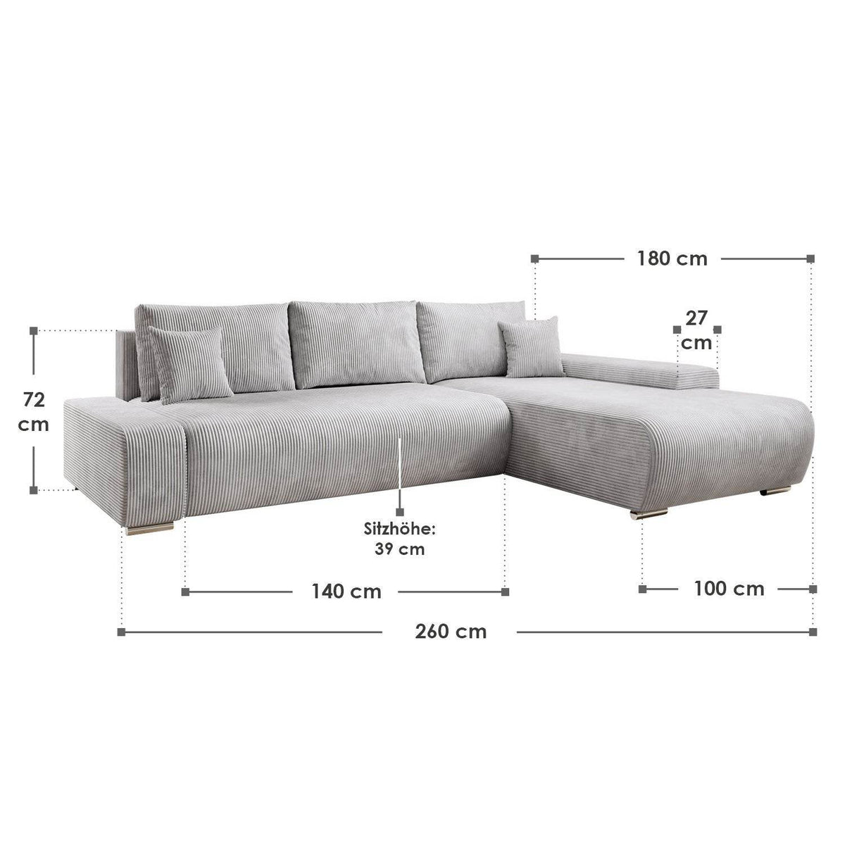 Sofa Iseo Rechts mit Schlaffunktion - Hellgrau - Palo24