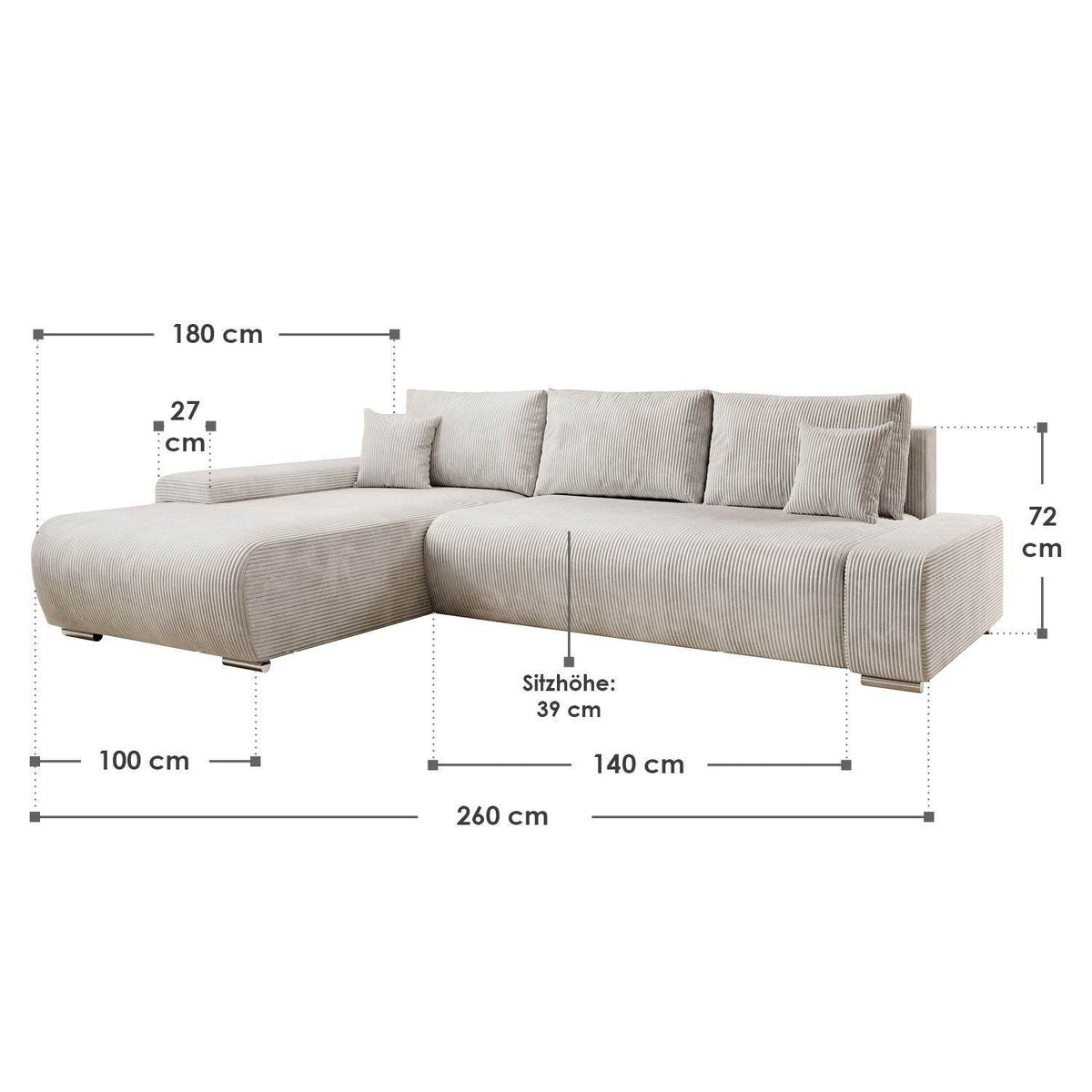Sofa Iseo in L-Form mit Schlaffunktion Beige - Palo24