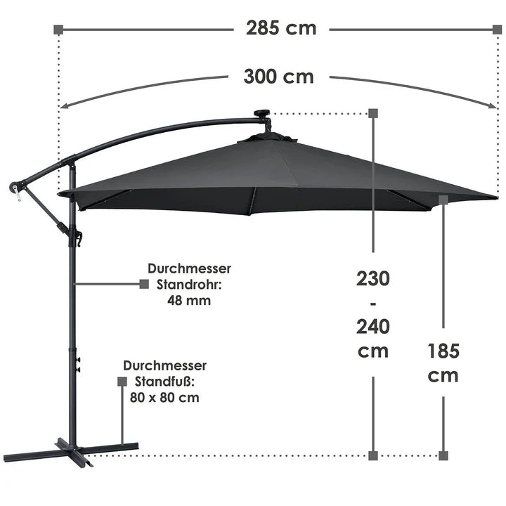Parasol Brazil Ø 3,0m avec LED, manivelle et base gris foncé