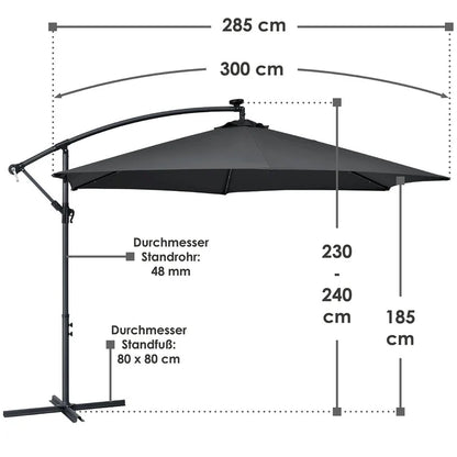 Parasol Brazil Ø 3,0m avec LED, manivelle et base gris foncé