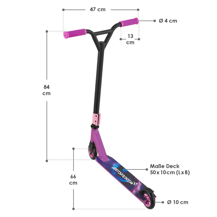 Stunt Scooter Galactic Cruiser in Lila Schwarz Trick Roller mit 360° Lenkung