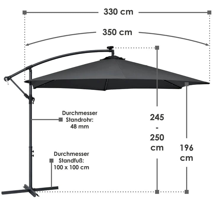 Parasol Brazil Ø 3,5m avec LED, manivelle et base gris foncé