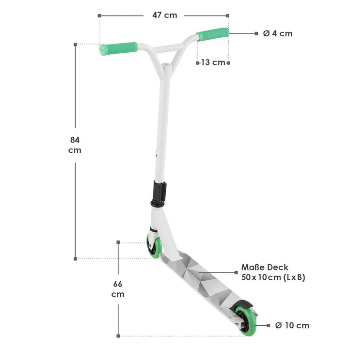 Stunt Scooter Futuriste en Blanc Vert Trick Scooter avec direction à 360°